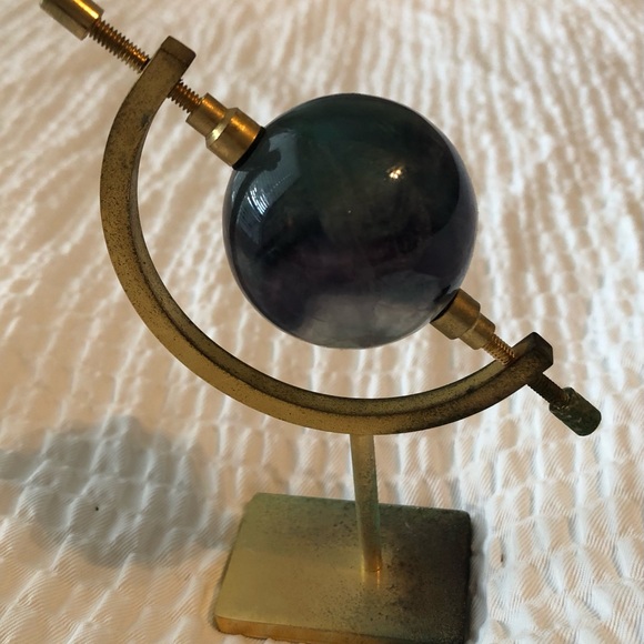 VINTAGE MINI SPACE GLASS MARBLE With Brass Support Decorative Desk Globe 3”X 4.5 - Picture 7 of 7